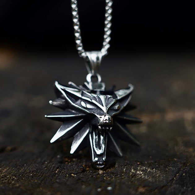 MENDEL Stainless Steel Viking Fenrir Wolf Head Pendant Necklace – 25in Chain