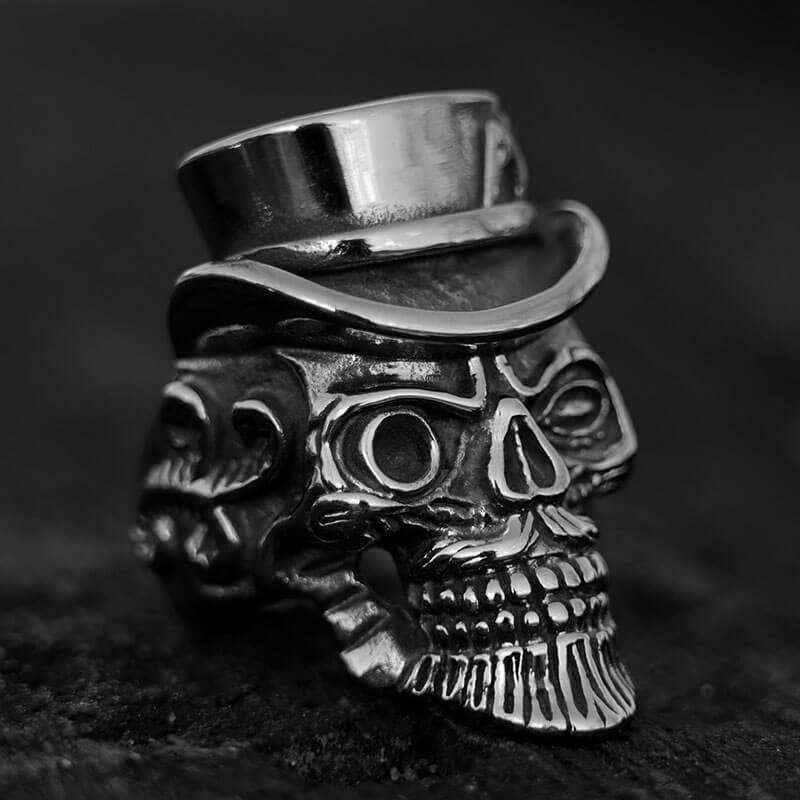 Mens Bearded Skull with Top Hat Ring Stainless Steel