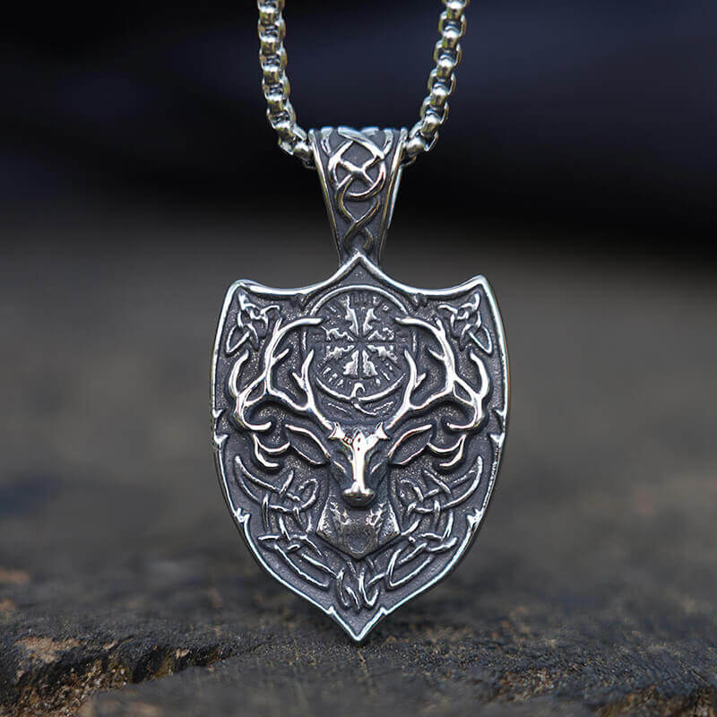 Viking Amulet Shield Buck Deer Pendant Necklace Stainless Steel MENDEL