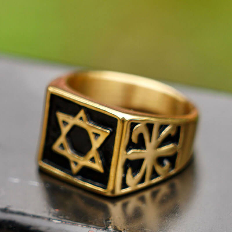 Gold Mens Hexagram Star of David Ring