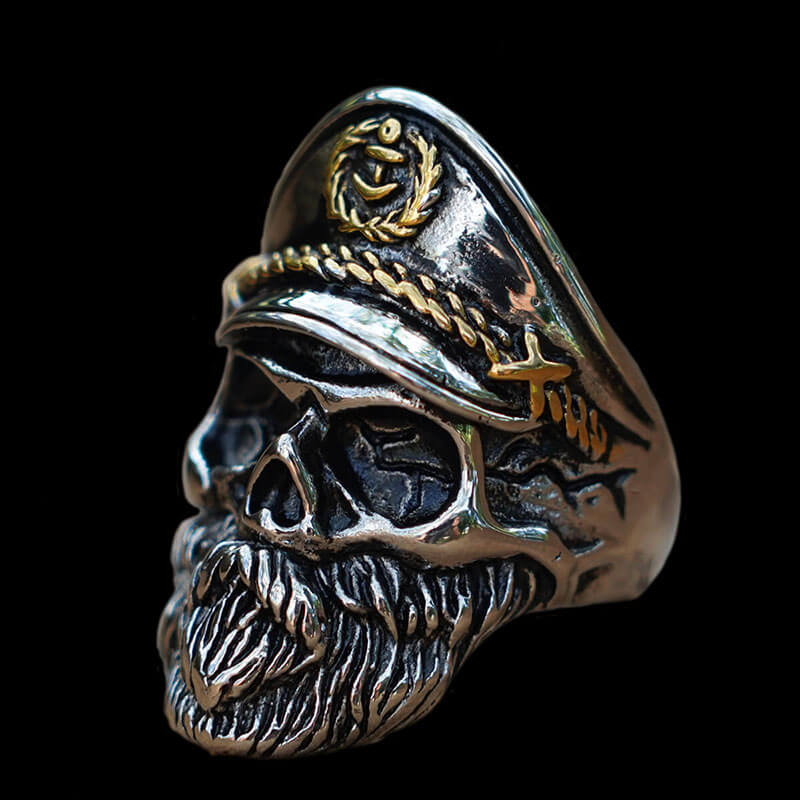 Gothic Mens Bearded Captain Biker Skull Ring Stainless Steel