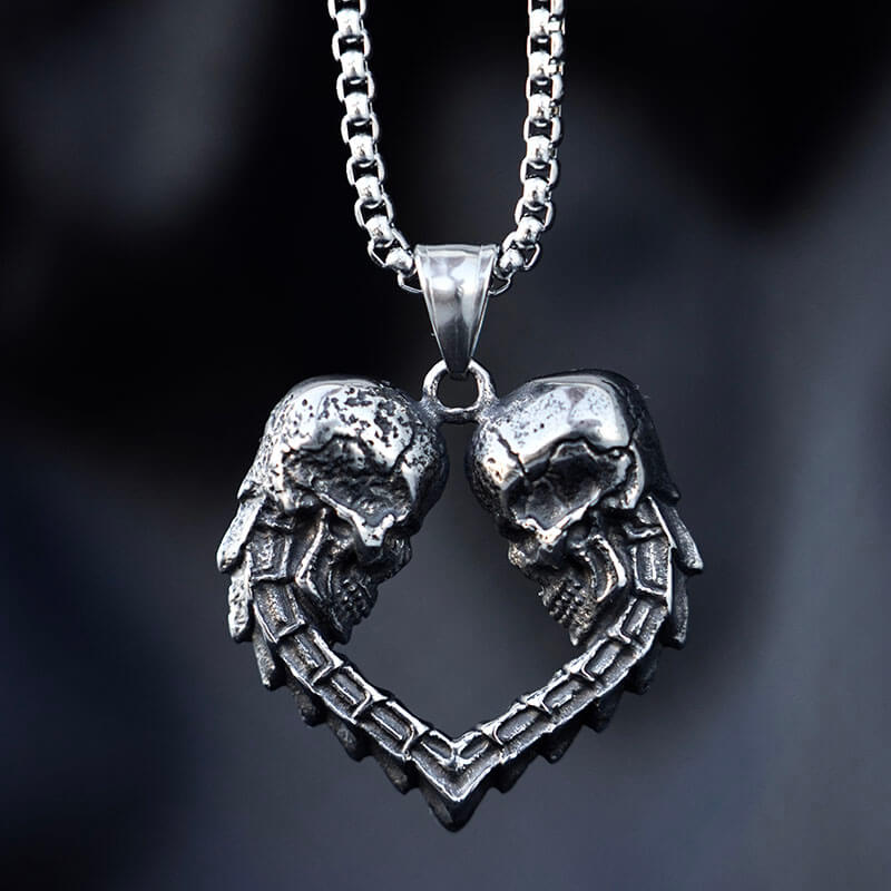 Gothic Mens Biker Skull Heart Pendant Necklace