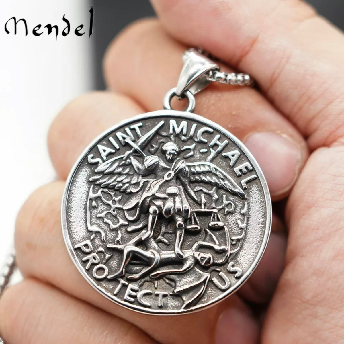 Mens Christian Archangel Saint Michael Pendant Necklace