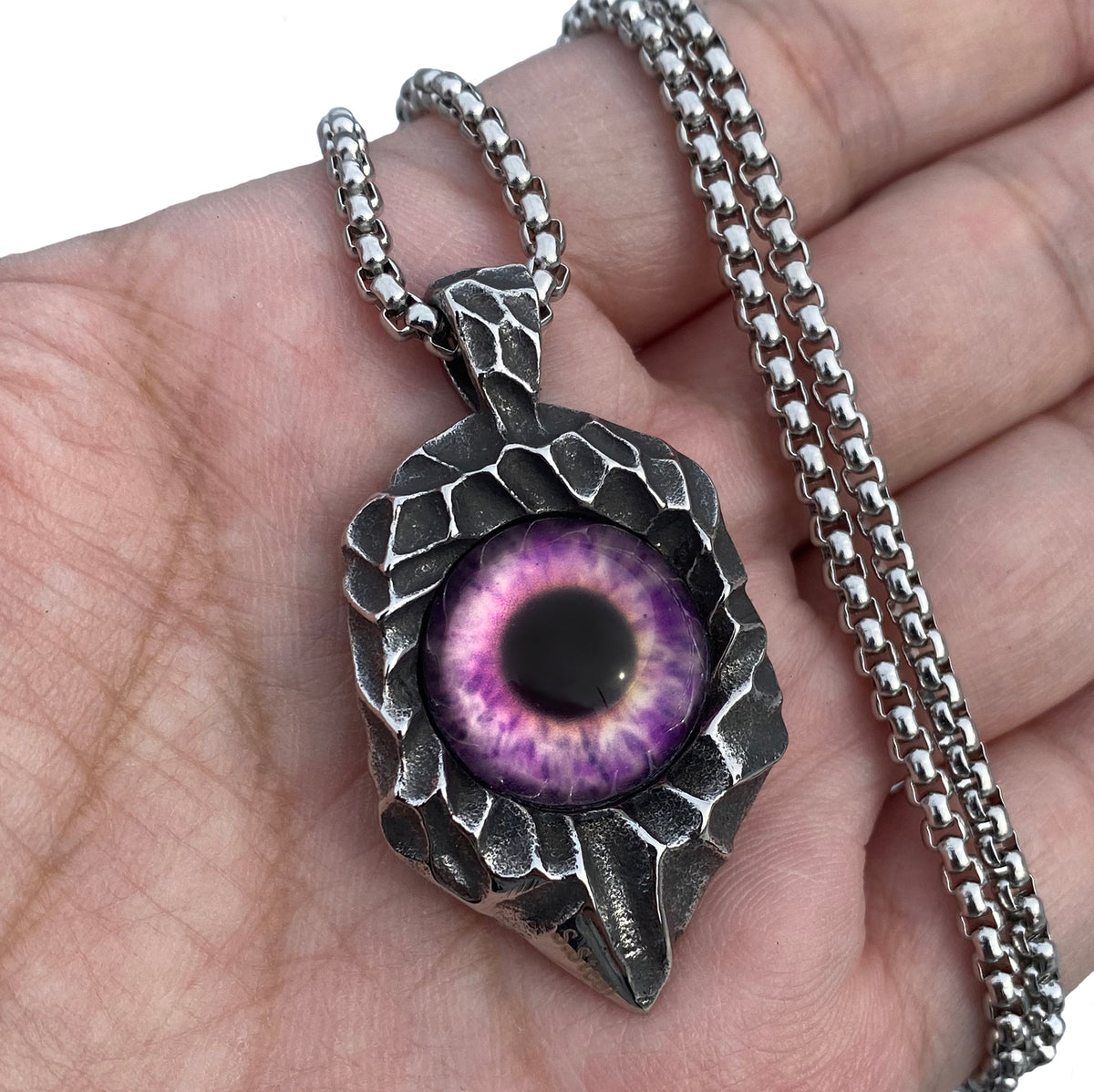 Mens Purple Evil Eye Pendant Necklace Stainless Steel