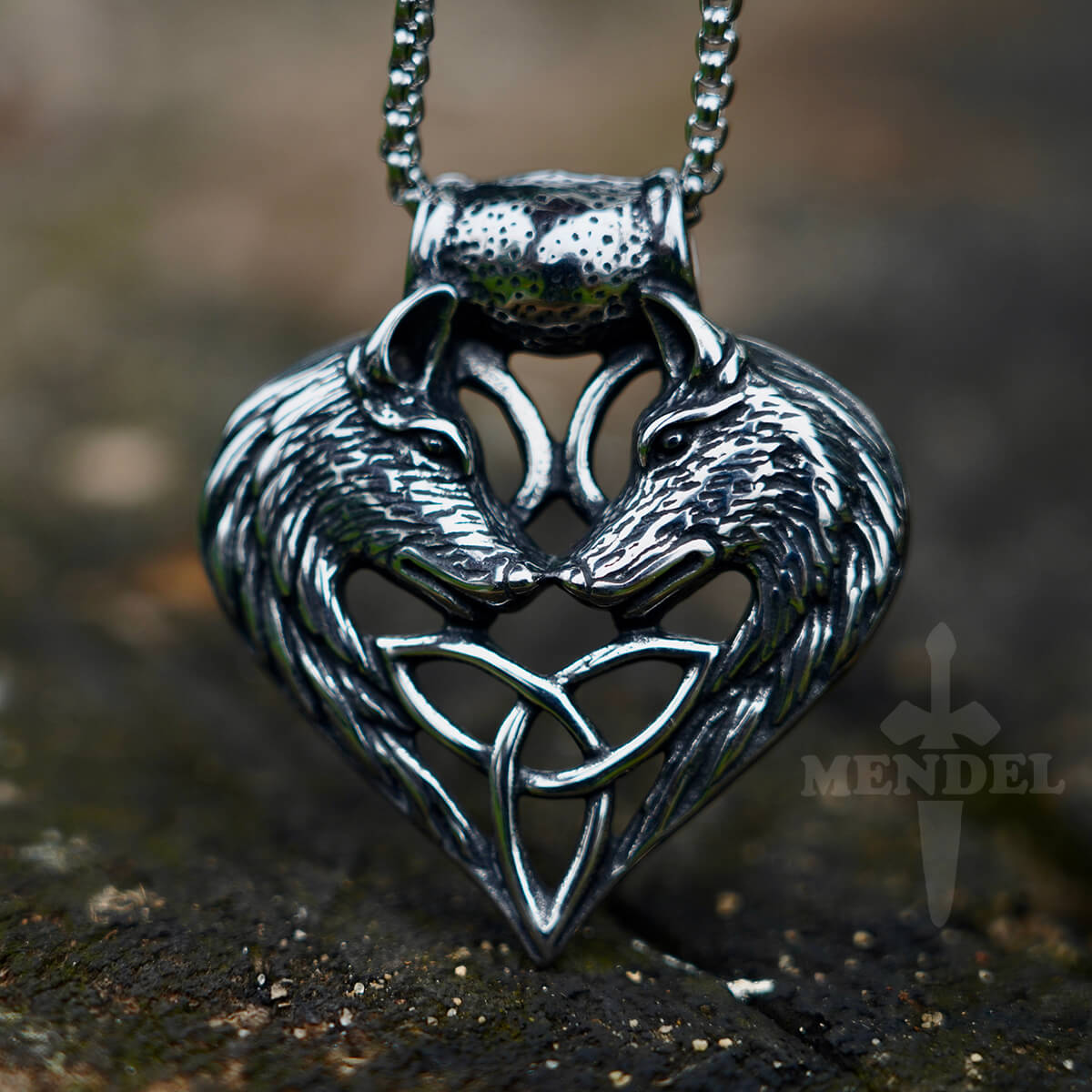 MENDEL Large Celtic Wolf Heart Triquetra Trinity Knot for Sale Pendant Necklace Jewelry