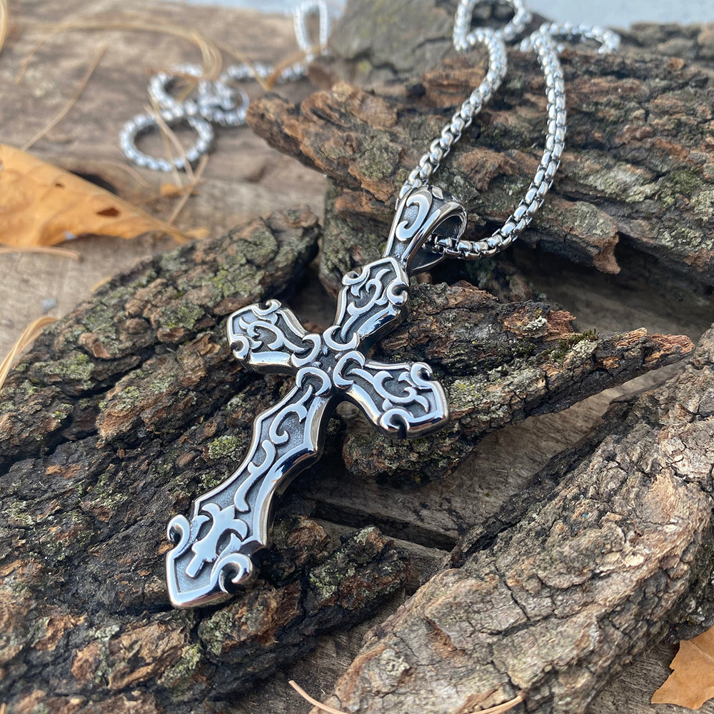 Mens Gothic Alchemy Cross Pendant Necklace