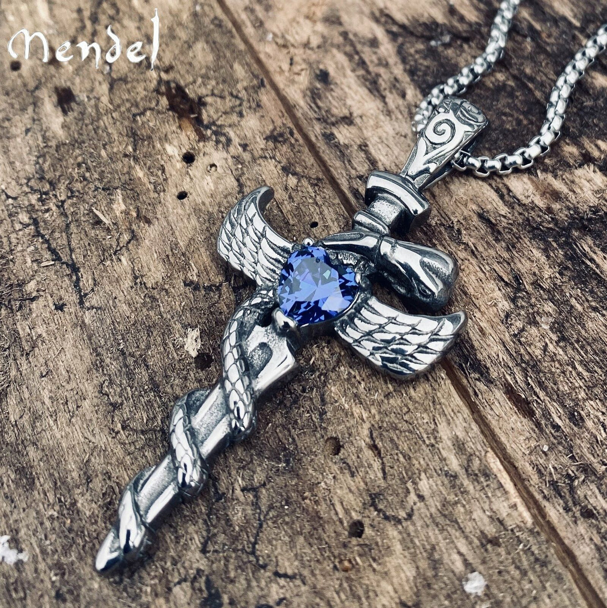 Mens Angel Wings Faux Sapphire CZ Cross Pendant Necklace