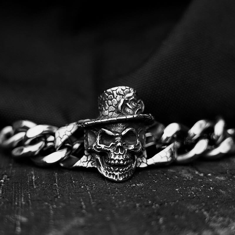 Mens Biker Skull Cuban Link Bracelet