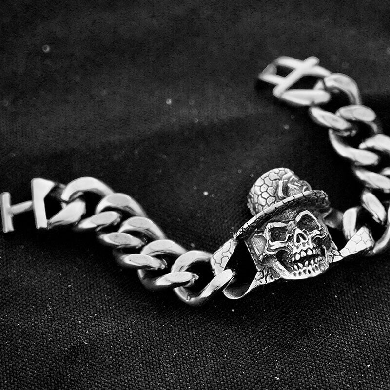 Mens Gothic Punk Biker Skull Cuban Link Bracelet Stainless Steel