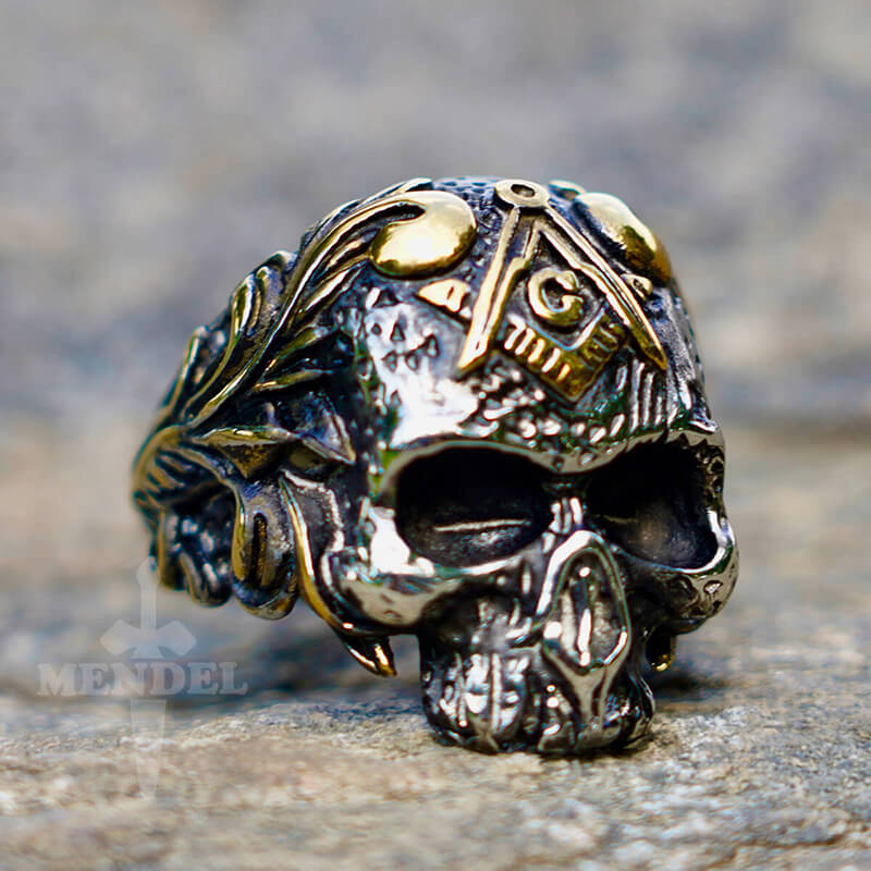 Mens Gothic Gold Masonic Skull Ring Stainless Steel for Sale MENDEL