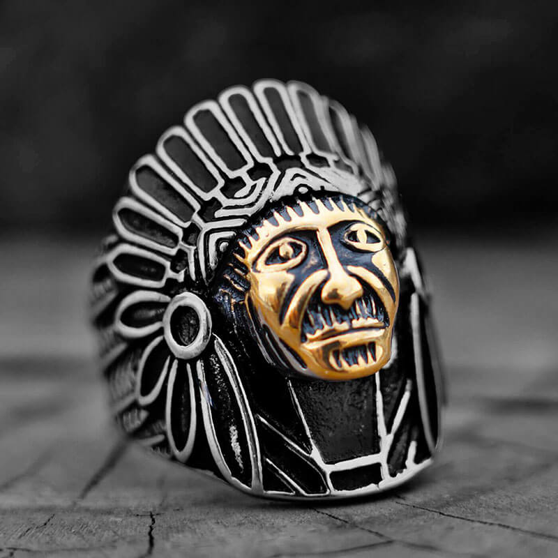 Mens Native American Indian Chief Face Gold Biker Ring Stainless