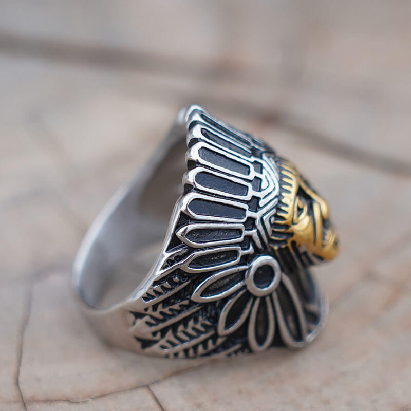 Mens Native American Indian Chief Face Gold Biker Ring Stainless
