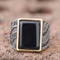 Load image into Gallery viewer, Mens Black CZ Gold Onyx Stone Ring

