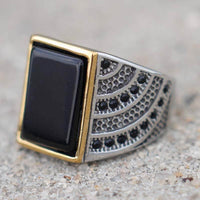 Load image into Gallery viewer, Mens Black CZ Gold Onyx Stone Ring
