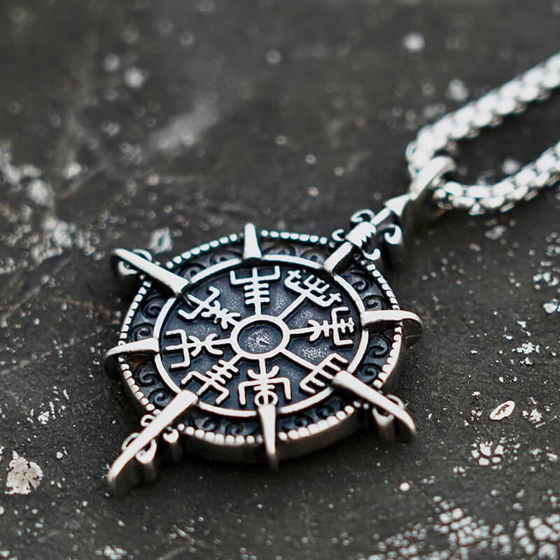Mens Norse Viking Compass Vegvisir Pendant Necklace Stainless Steel