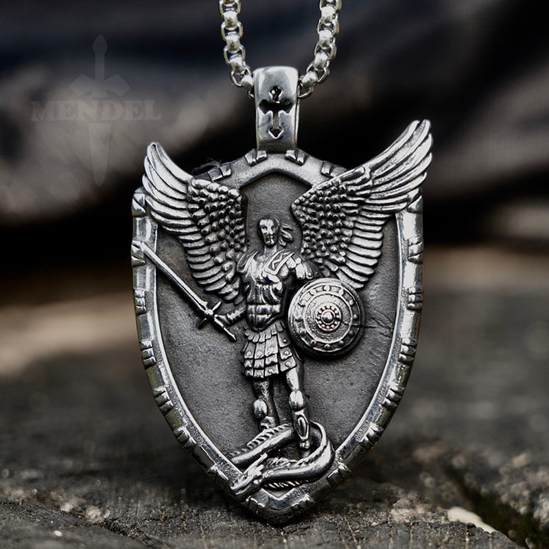 Saint Michael Archangel Medal Shield Pendant Necklace Stainless Steel