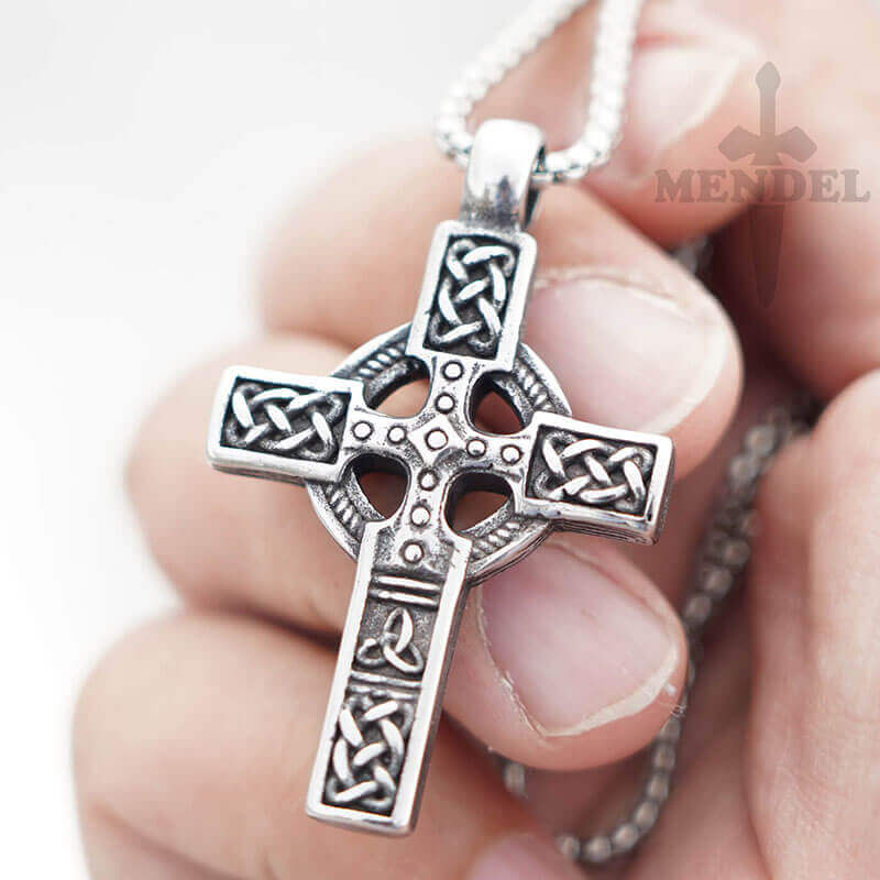 Mens Irish Celtic Trinity Knot Cross Pendant Necklace Stainless
