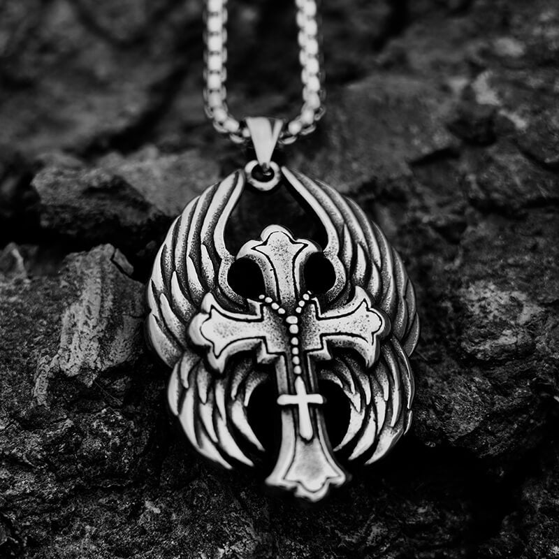 Stainless Steel Mens Gothic Biker Angel Wings Cross Pendant Necklace