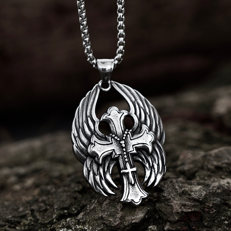 Stainless Steel Mens Gothic Biker Angel Wings Cross Pendant Necklace