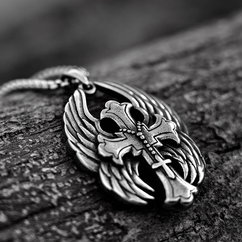 Stainless Steel Mens Gothic Biker Angel Wings Cross Pendant Necklace