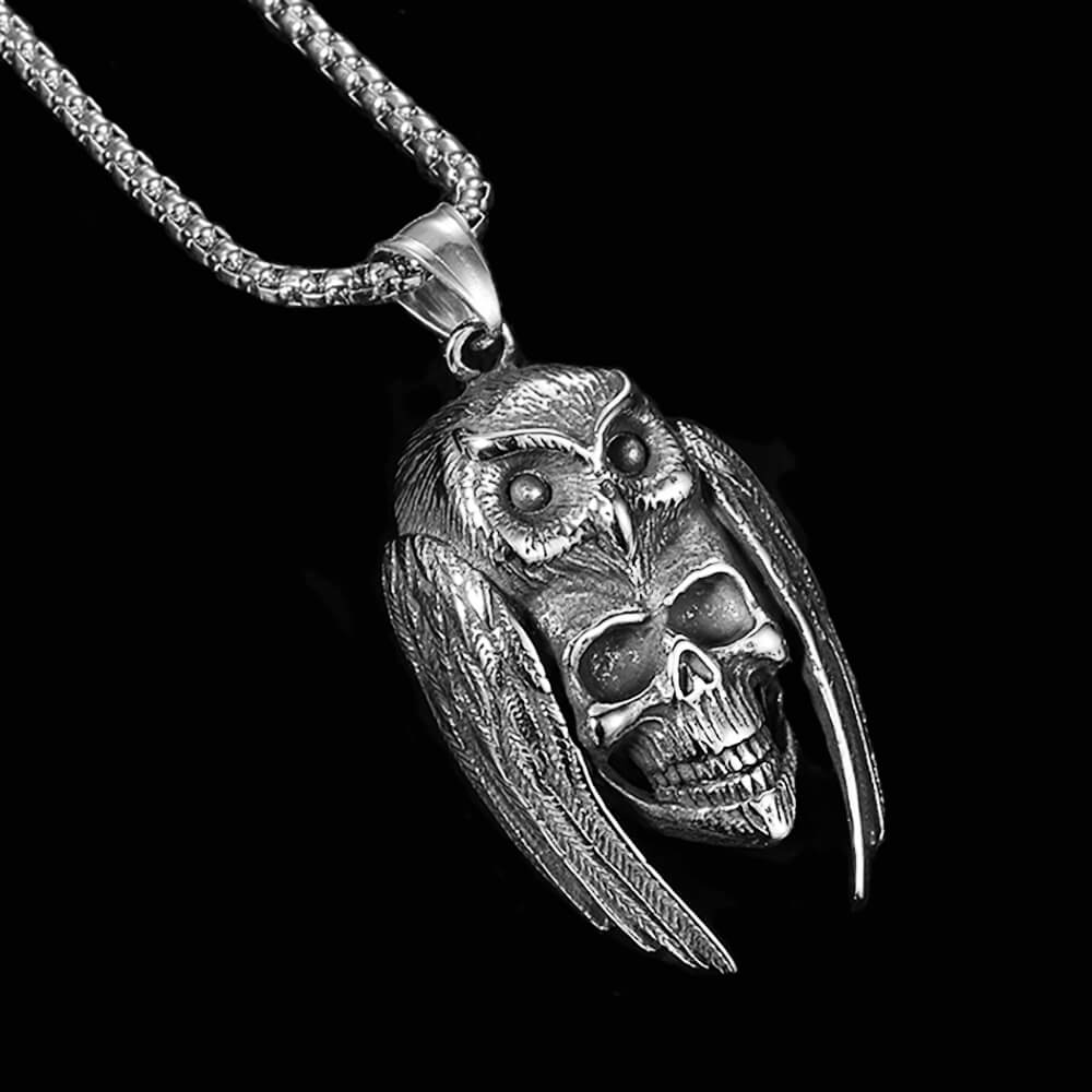 Stainless Steel Gothic Mens Biker Punk Owl Skull Necklace for Sale